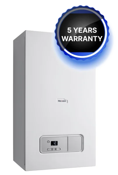 White gas boiler featuring a digital display and a 5-year warranty badge, designed for efficient heating solutions.