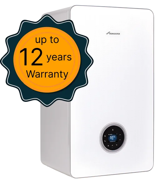 Worcester boiler with digital display and warranty badge stating "up to 12 years Warranty," highlighting reliability and service quality for T.M.S. Mechanical's boiler servicing in Essex.