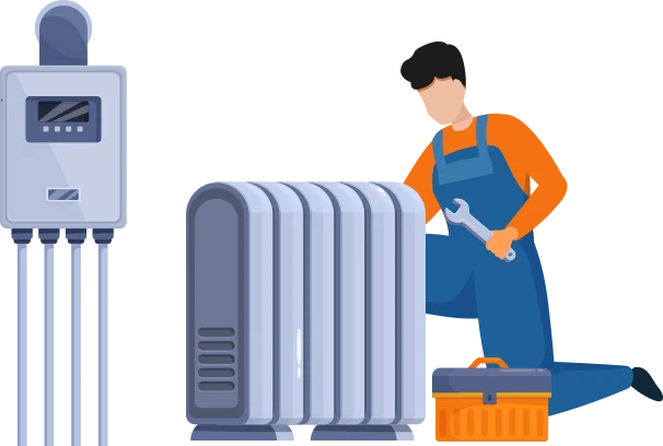 Technician performing maintenance on a heating system with tools and equipment.