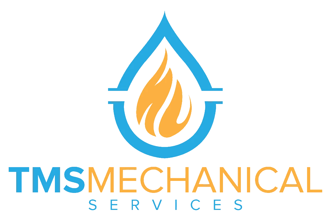 TMS Mechanical Services logo featuring a blue water droplet and orange flame, representing air source heat pump solutions for energy efficiency and sustainability.