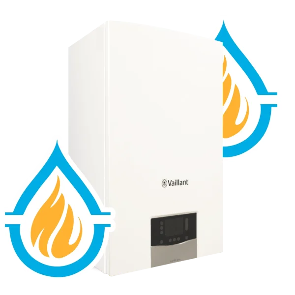 Vaillant gas boiler with digital display, surrounded by water and flame icons, representing heating solutions for homes in Essex.