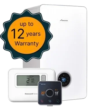 New energy-efficient boiler with digital thermostat and warranty badge, promoting T.M.S. Mechanical Services' boiler installation offerings.