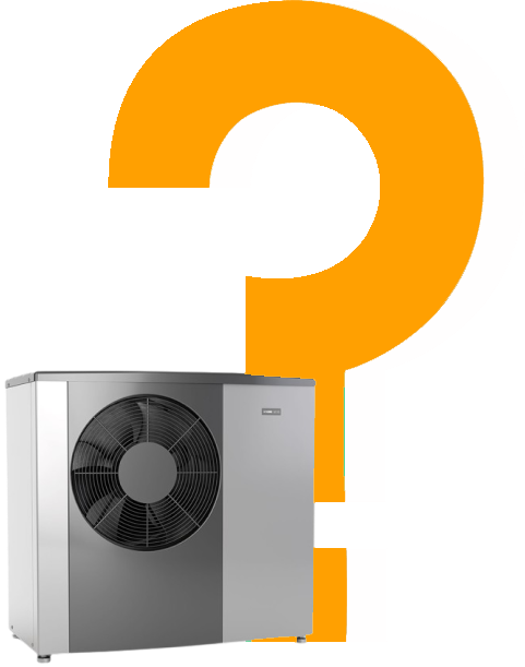 Air source heat pump unit with a question mark background, representing inquiries about energy efficiency and installation benefits.