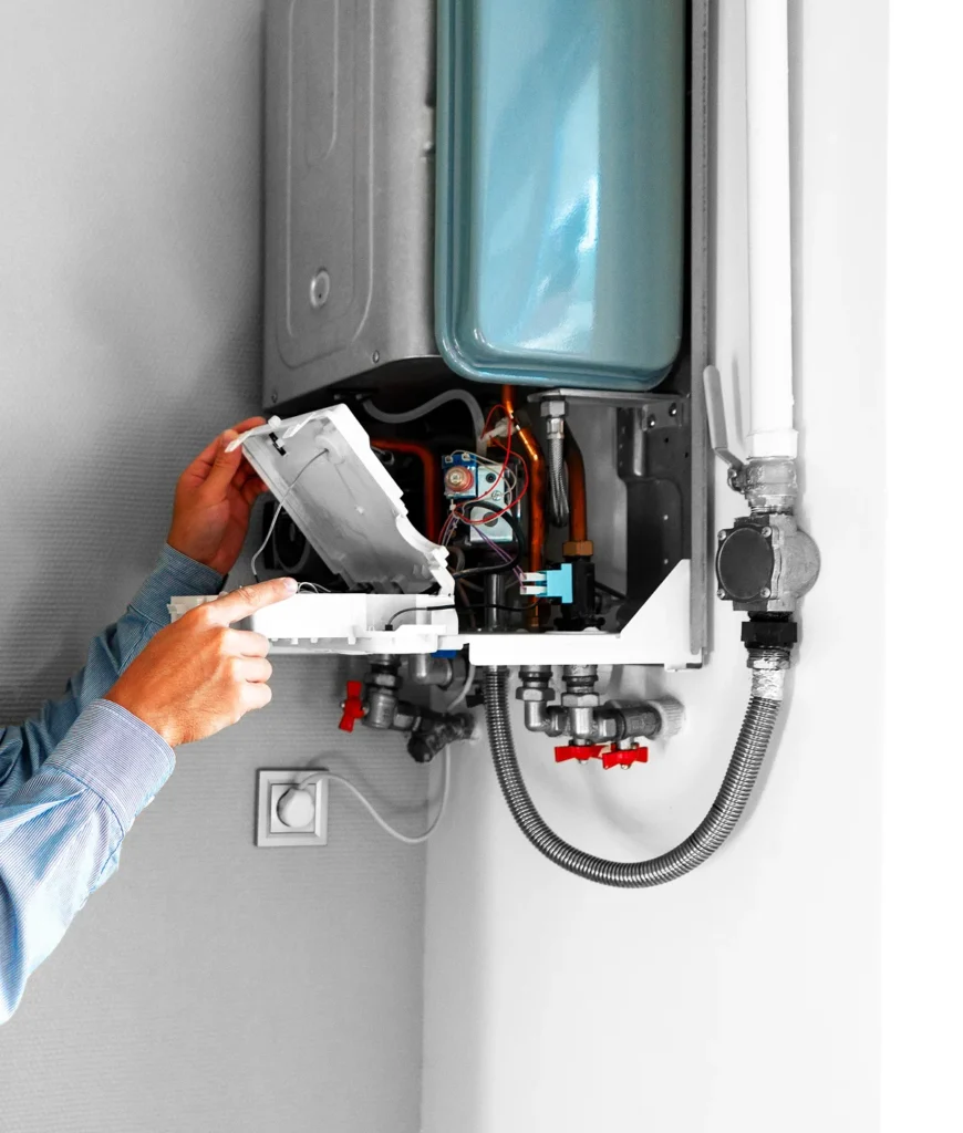 Plumber-attaches-Trying-To-Fix-the-Problem-with-the-Residential-Heating-Equipment