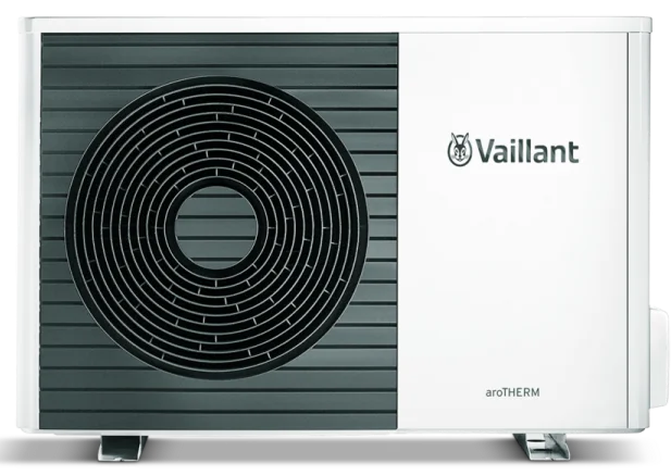 Vaillant aroTHERM air source heat pump, energy-efficient design, suitable for reducing energy bills and carbon footprint, featured in TMS Mechanical Services installation services.