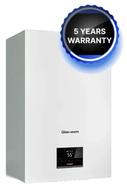 Glow-worm Micracom 24kW boiler with digital display and 5 years warranty badge, representing energy-efficient heating solutions for UK homes.