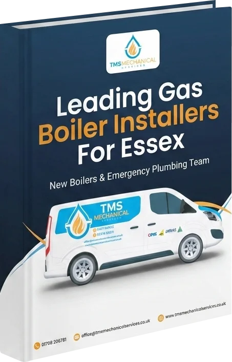 TMS Mechanical Services brochure featuring a van with branding, text reading "Leading Gas Boiler Installers For Essex," and emphasis on new boilers and emergency plumbing team.